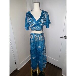 KOHINOOR Blue White Print Wrap Crop Top Wide Leg Pants Set Boho Vacation